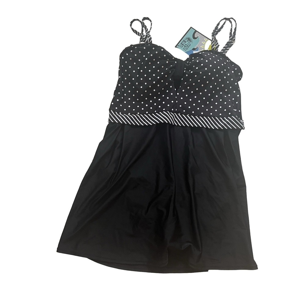 NWT Mazu Swim Womens Size L Swim Dress Black White Polka Dot Stripe Built in Bra